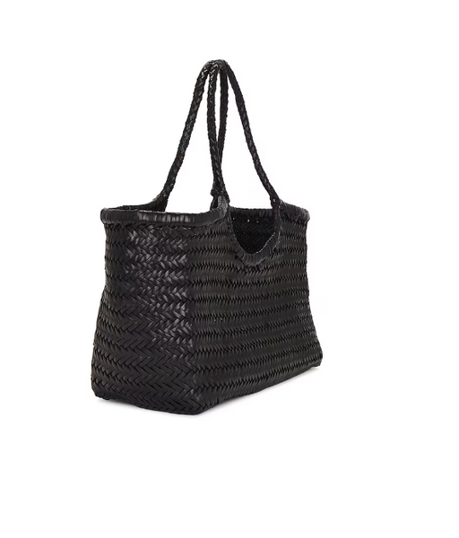 NANTUCKET LARGE WOVEN TOTE BASKET, BLACK LEATHER  DRAGON DIFFUSION