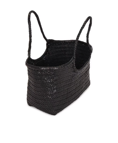 NANTUCKET LARGE WOVEN TOTE BASKET, BLACK LEATHER  DRAGON DIFFUSION