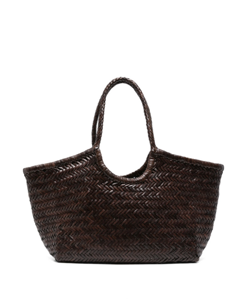 NANTUCKET LARGE WOVEN TOTE BASKET, DARK BROWN LEATHER  DRAGON DIFFUSION