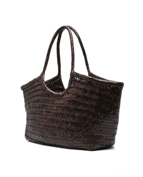 NANTUCKET LARGE WOVEN TOTE BASKET, DARK BROWN LEATHER  DRAGON DIFFUSION