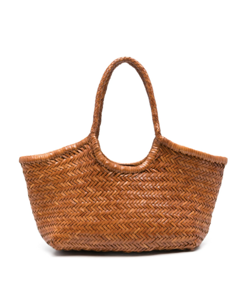 NANTUCKET LARGE WOVEN TOTE BASKET, TAN BROWN LEATHER  DRAGON DIFFUSION