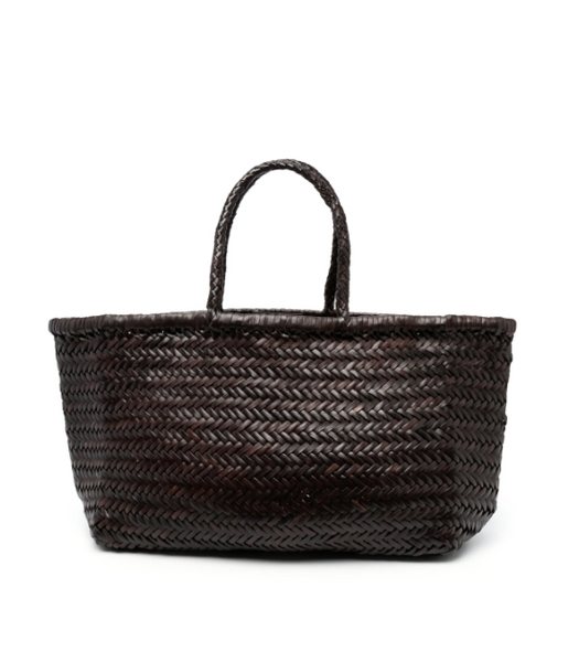 TRIPLE JUMP LARGE WOVEN TOTE BASKET, DARK BROWN LEATHER  DRAGON DIFFUSION