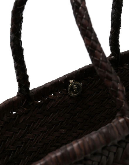 TRIPLE JUMP LARGE WOVEN TOTE BASKET, DARK BROWN LEATHER  DRAGON DIFFUSION