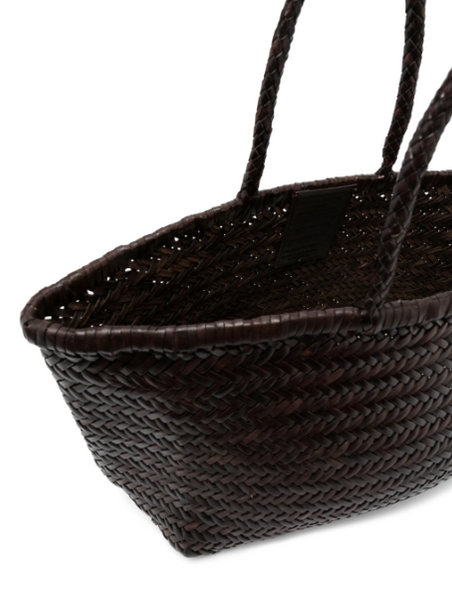 TRIPLE JUMP LARGE WOVEN TOTE BASKET, DARK BROWN LEATHER  DRAGON DIFFUSION