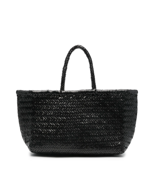 TRIPLE JUMP LARGE WOVEN TOTE BASKET, BLACK LEATHER  DRAGON DIFFUSION