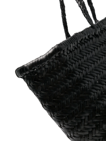 TRIPLE JUMP LARGE WOVEN TOTE BASKET, BLACK LEATHER  DRAGON DIFFUSION