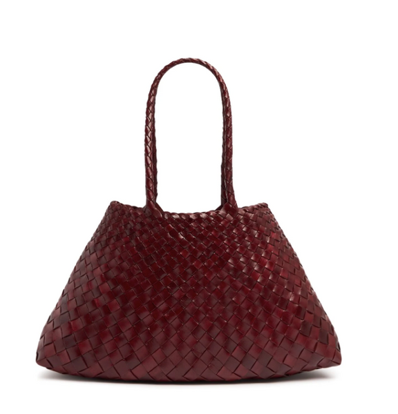 SANTA CROCE LARGE WOVEN TOTE BASKET, RED LEATHER  DRAGON DIFFUSION