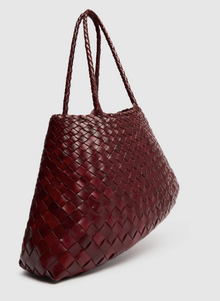 SANTA CROCE LARGE WOVEN TOTE BASKET, RED LEATHER  DRAGON DIFFUSION