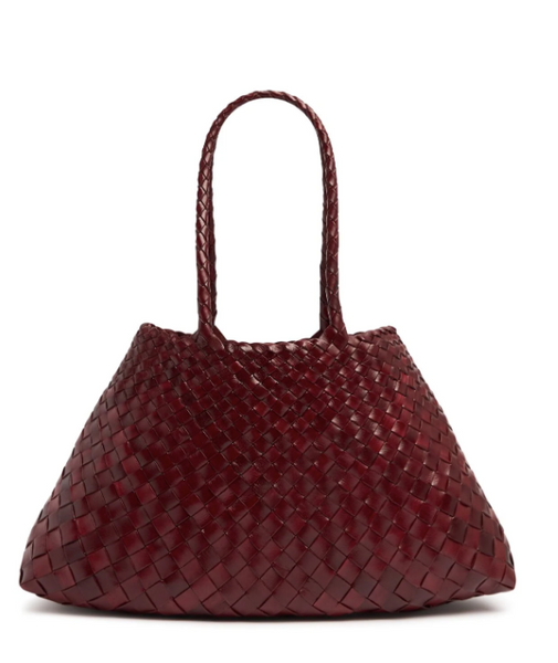 SANTA CROCE LARGE WOVEN TOTE BASKET, RED LEATHER  DRAGON DIFFUSION