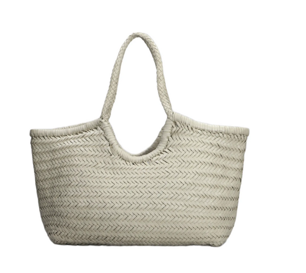 NANTUCKET LARGE WOVEN TOTE BASKET, IVORY LEATHER  DRAGON DIFFUSION