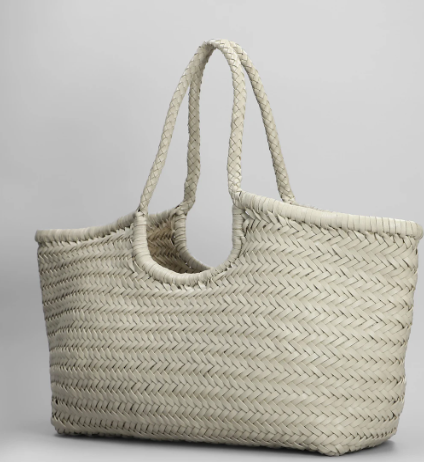 NANTUCKET LARGE WOVEN TOTE BASKET, IVORY LEATHER  DRAGON DIFFUSION