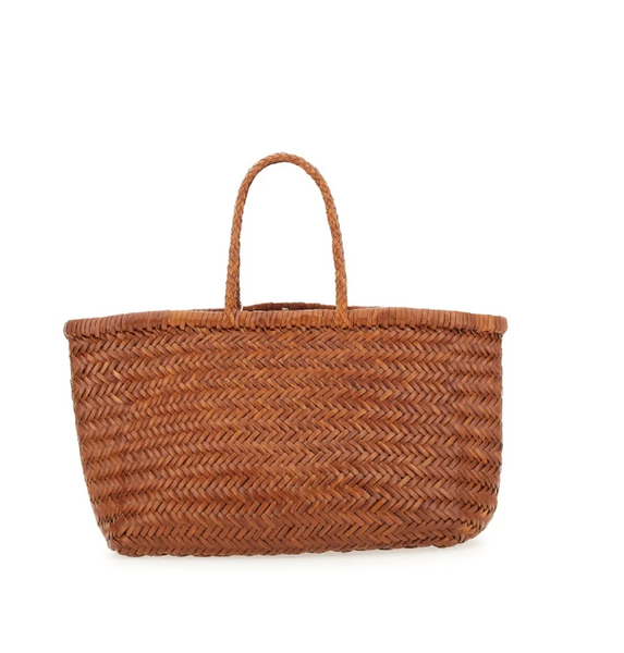 TRIPLE JUMP LARGE WOVEN TOTE BASKET, TAN BROWN LEATHER  DRAGON DIFFUSION