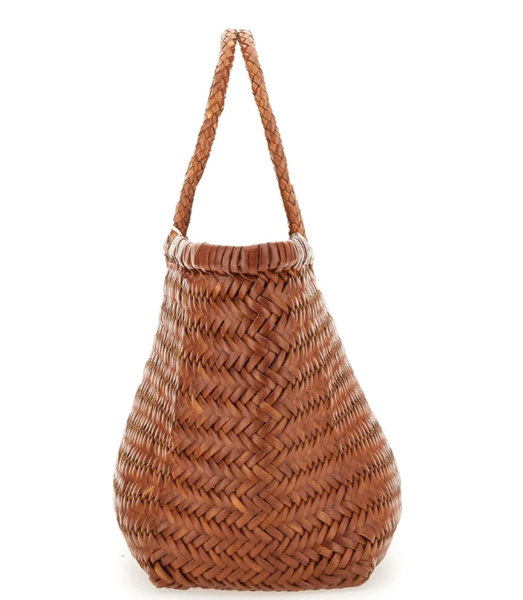 TRIPLE JUMP LARGE WOVEN TOTE BASKET, TAN BROWN LEATHER  DRAGON DIFFUSION