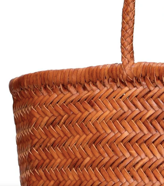 TRIPLE JUMP LARGE WOVEN TOTE BASKET, TAN BROWN LEATHER  DRAGON DIFFUSION