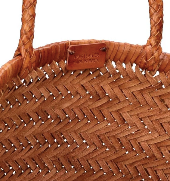 TRIPLE JUMP LARGE WOVEN TOTE BASKET, TAN BROWN LEATHER  DRAGON DIFFUSION