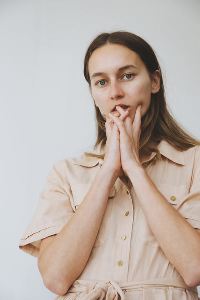 SAFARI DRESS, TAN COTTON